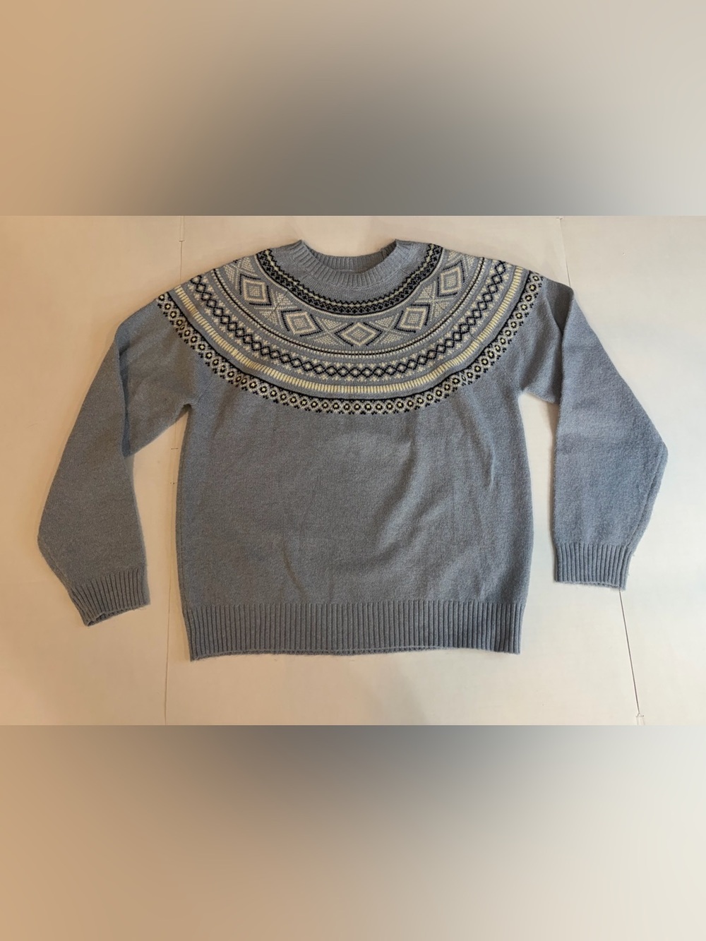 Y2K Fair Isle Nordic Knit Sweater Gray Blue Geometric Small
